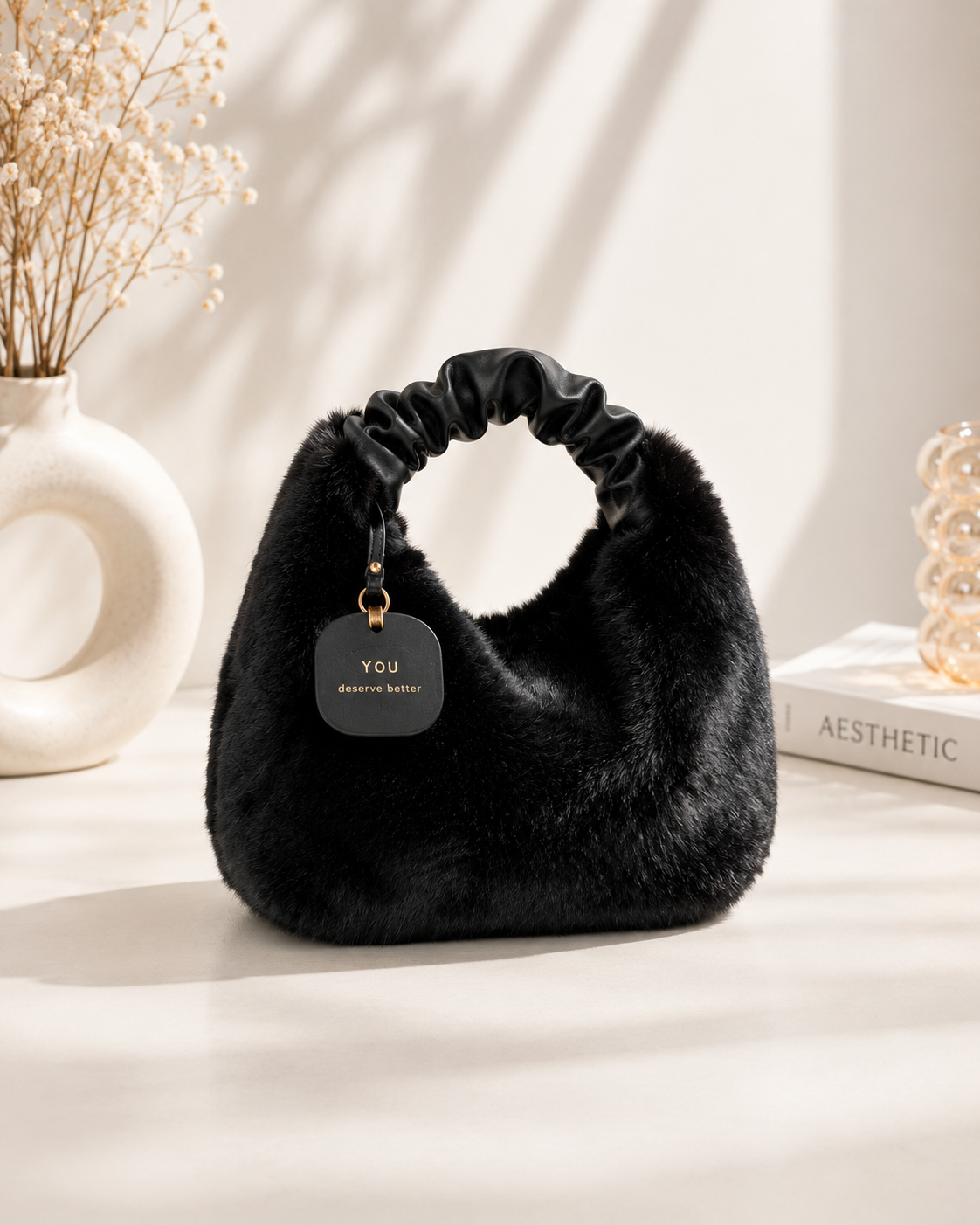 Fur Hobo Bag in Black